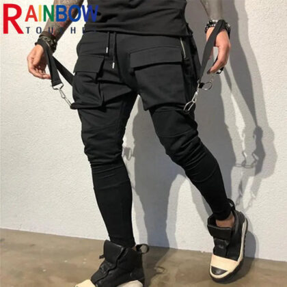 Rainbowtouches Men’s Sports Stretch Tights – Sweat Absorbing, Breathable, Multi-Pocket Fitness Cargo Pants